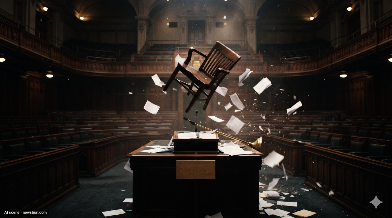 AI scene: an empty chamber with a flying chair. Not a photograph of the real brawl; no people are shown.