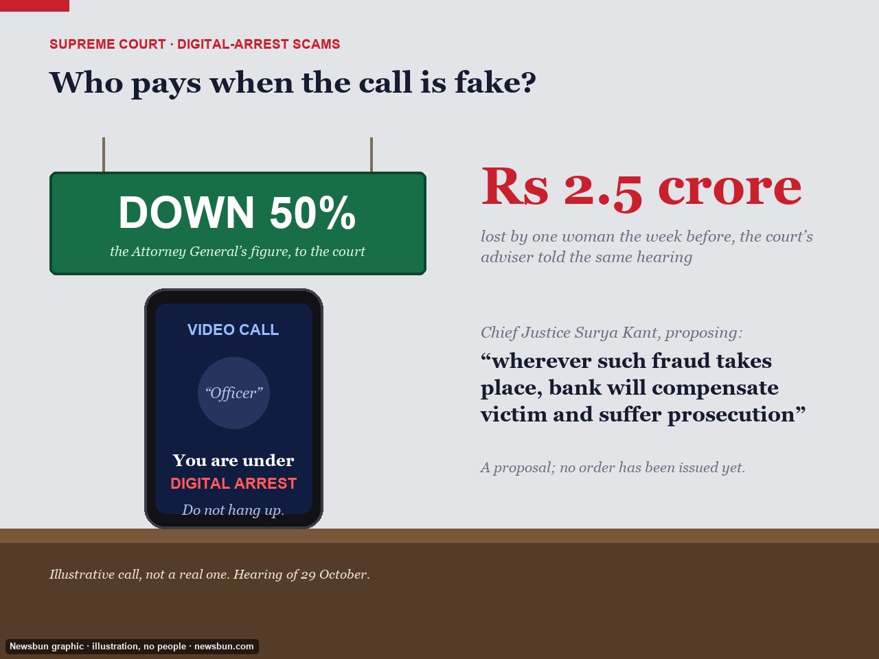 Newsbun graphic: a drawn bank counter with a phone showing an illustrative scam call. The 50% fall is the Attorney General's figure, attributed; the…