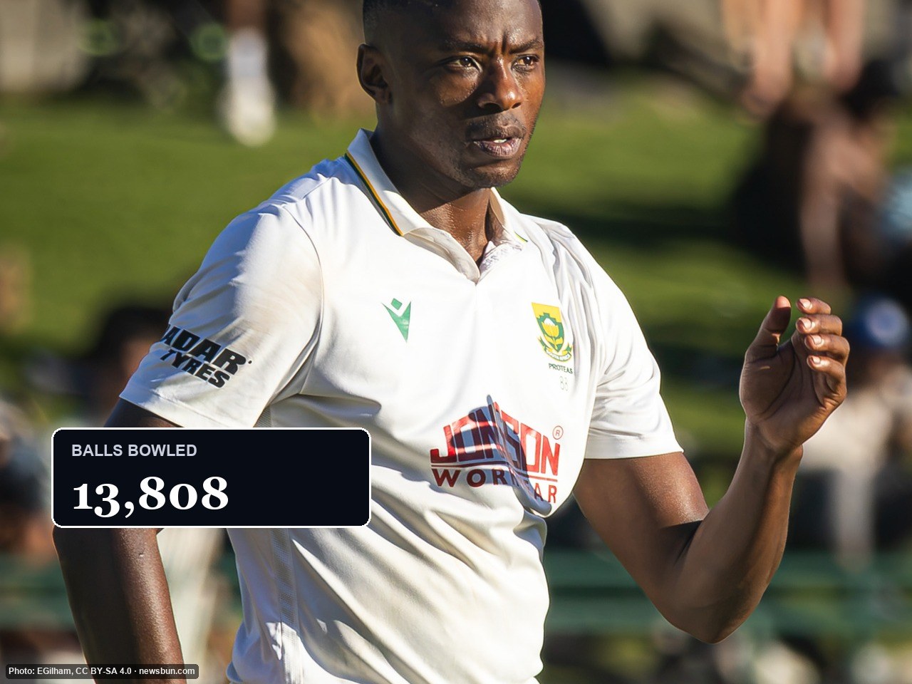 Real photo, trimmed and resized only: Kagiso Rabada at Newlands, South Africa v Australia Test, 28 Oct 2026. Drawn props, captions and sound by…