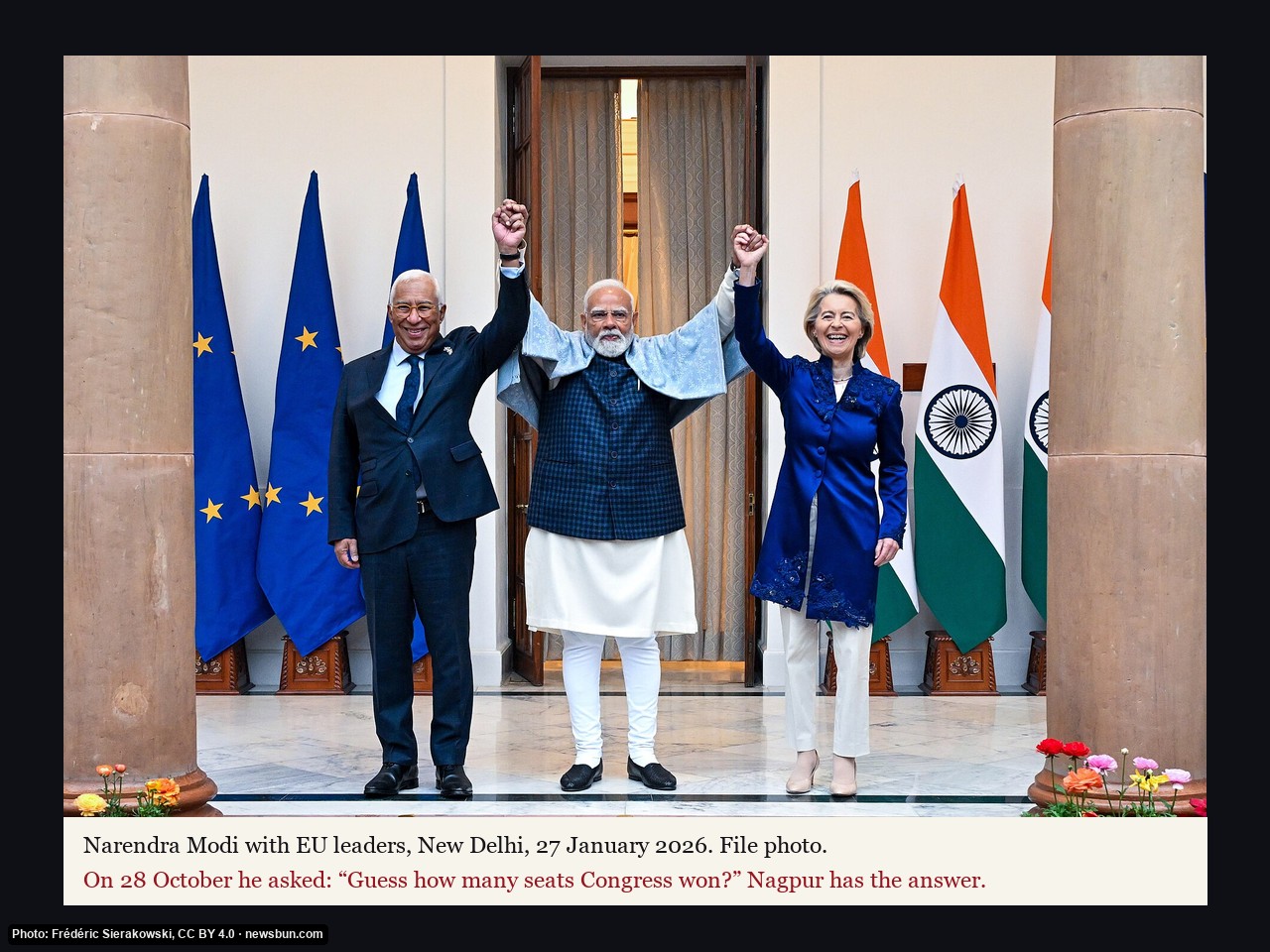 Real photo, resized only, not edited: Narendra Modi with António Costa and Ursula von der Leyen, New Delhi, 27 January 2026 (file photo, not from…