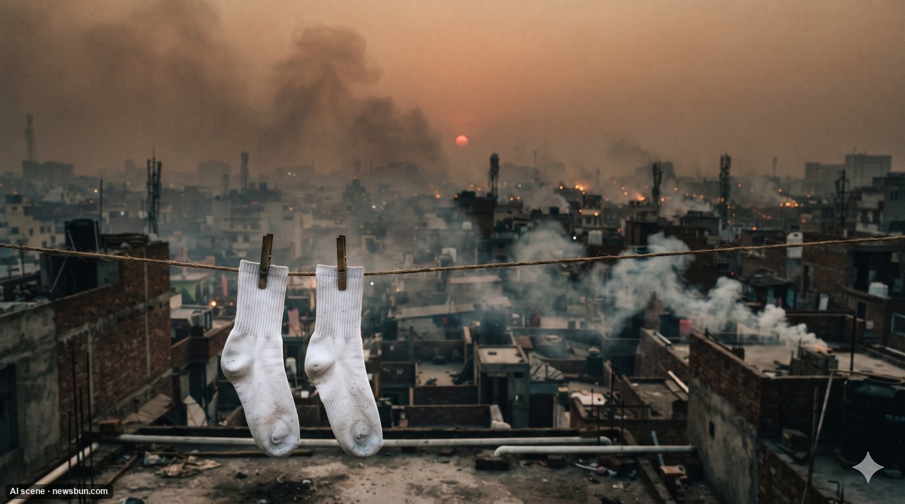 AI scene: a made-up Delhi rooftop with one pair of socks on a line (the Centre said it "pulled up our socks"). Not a photograph.