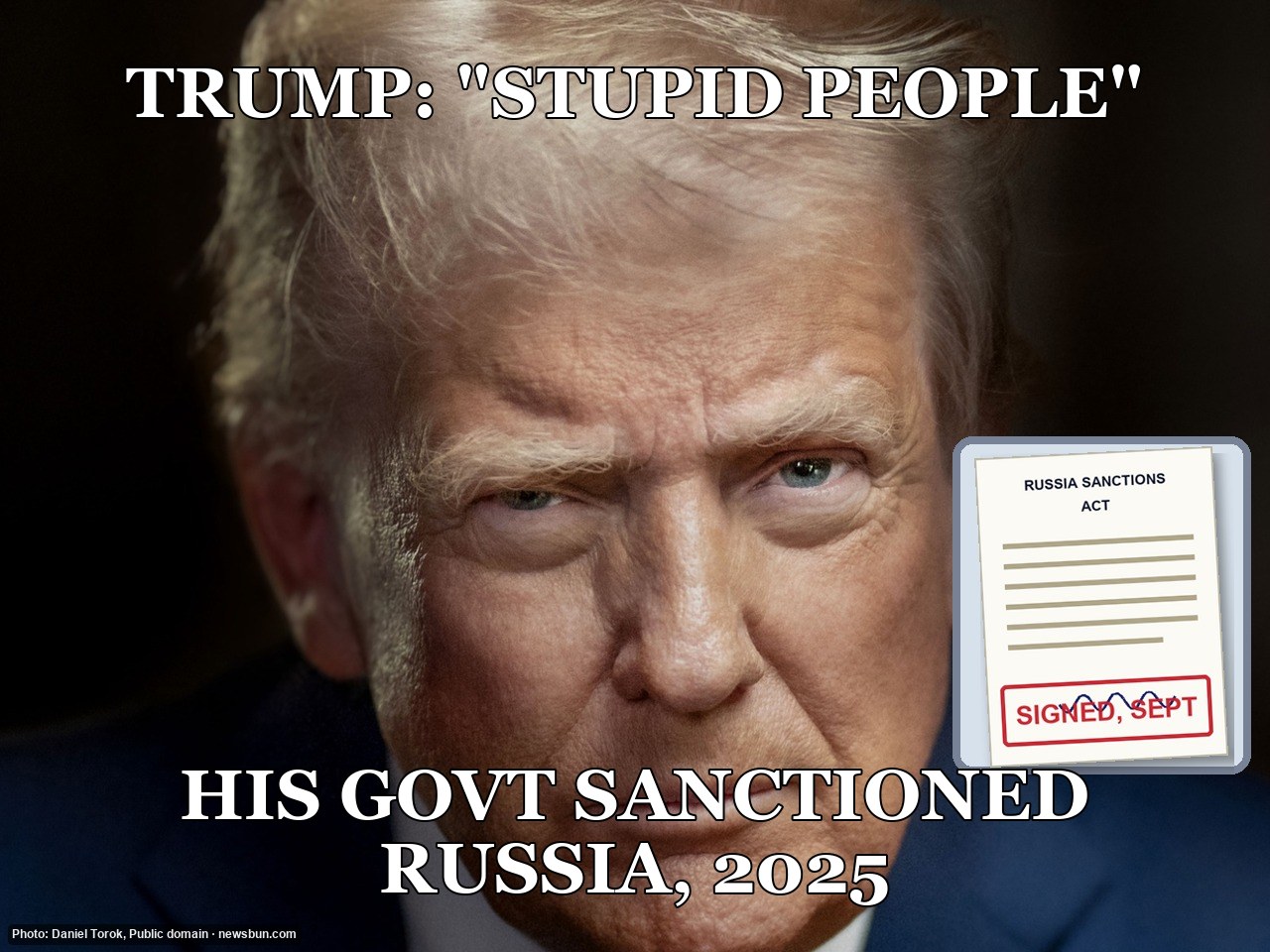 Real photo, trimmed and resized only: Official Presidential Portrait of President Donald. Drawn props, captions and sound by newsbun.