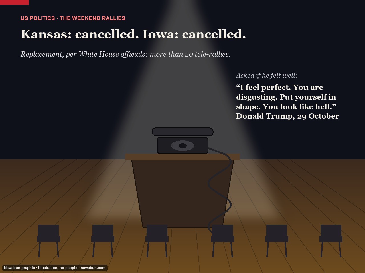 Newsbun graphic: an empty stage with a phone, drawn. Not a photograph of any real event; no people.
